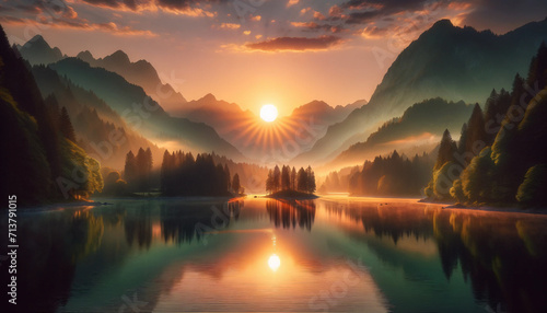 Peaceful sunrise with golden light piercing through mist over a serene mountain lake surrounded by forests. Sunrise, mountains, lake, landscape, mist, forest. Generative AI © tanayoch