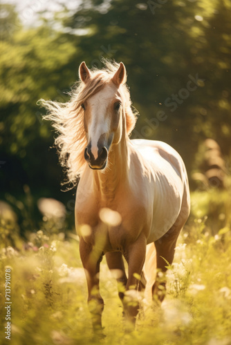 a horse grazes in a field in summer. livestock, agriculture. animals with a beautiful mane and tail in the pasture on a walk.