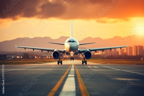 An airplane takes off from an airport runway for travel