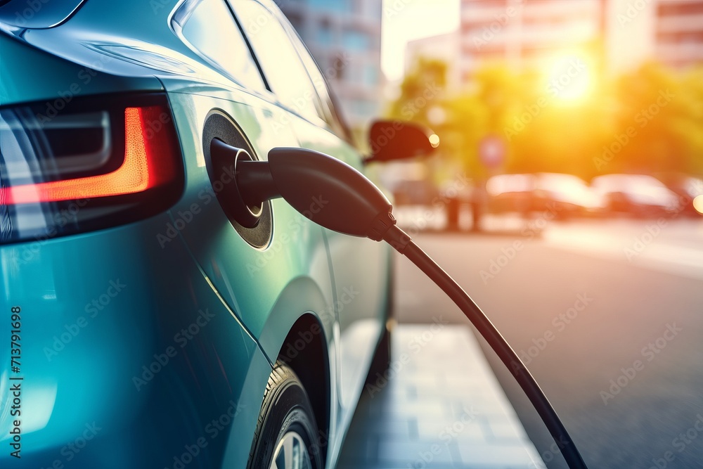 An electric vehicle (EV) at a charging station, with the power cable connected, against a blurred natural background with a blue energy effect. An illustration of eco-friendly sustainable energy