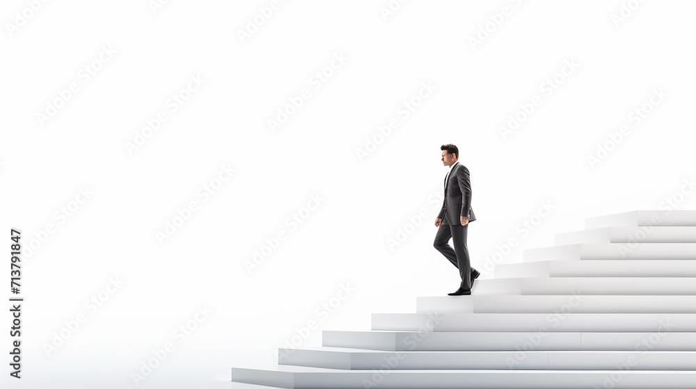 businessman walk down stairs on a white background