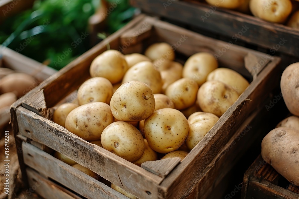 Fresh potatoes in a wooden box. Fresh potatoes in a wooden box.