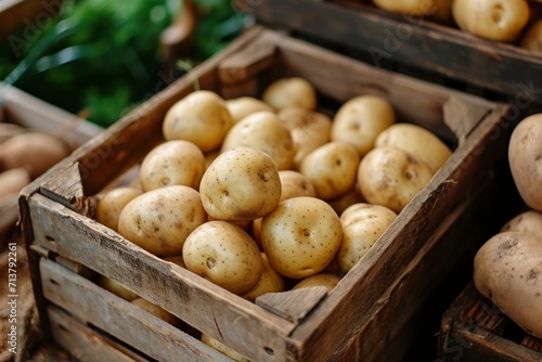 Fresh potatoes in a wooden box.
