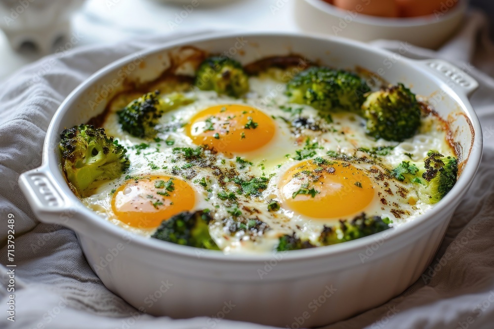 Baked broccoli with eggs and cheese, vegetarian food.