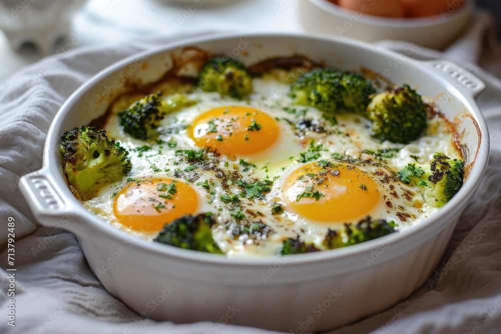 Baked broccoli with eggs and cheese, vegetarian food. Baked broccoli with eggs and cheese, vegetarian food.