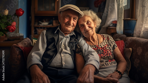 Old elderly couple happily married sit and smile on a couch together