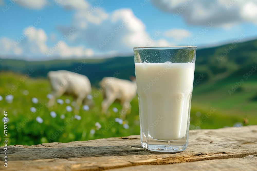 Glass of natural fresh milk on table with goat and green field farm landscape view. Glass of natural fresh milk on table with goat and green field farm landscape view.