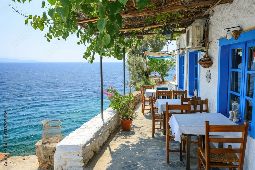 Greek culture with traditional white and blue greek architecture, taverna by the sea