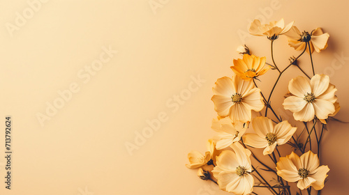 Capturing the Tranquility of Autumn: Aesthetic Floral Flat Lay with Beautiful Withered Cosmos Flowers in Minimal Trend, Top View Composition, Monochrome Background, and Copyspace Isolated for Creative © Pasinee