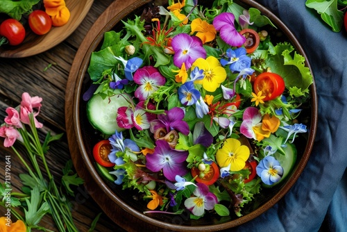 Fresh salad of spring vegetables decorated with edible flowers photo