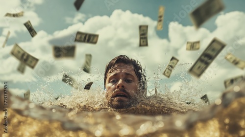A person sinking into quicksand filled with dollar signs, representing the overwhelming nature of de