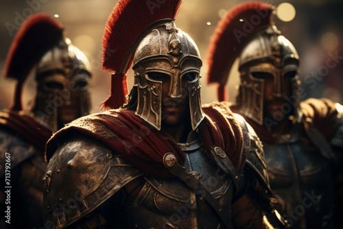 A cinematic shot of a gladiator, a Roman legionnaire. a knight in iron armor. a warrior in ancient history. photo