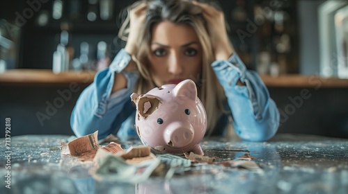 A person staring at a broken piggy bank, contemplating the consequences of financial mismanagement. photo