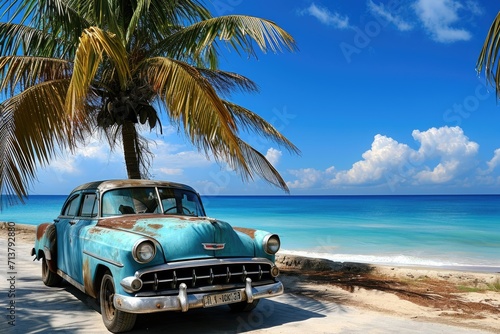 Vintage American car in Cuban coast