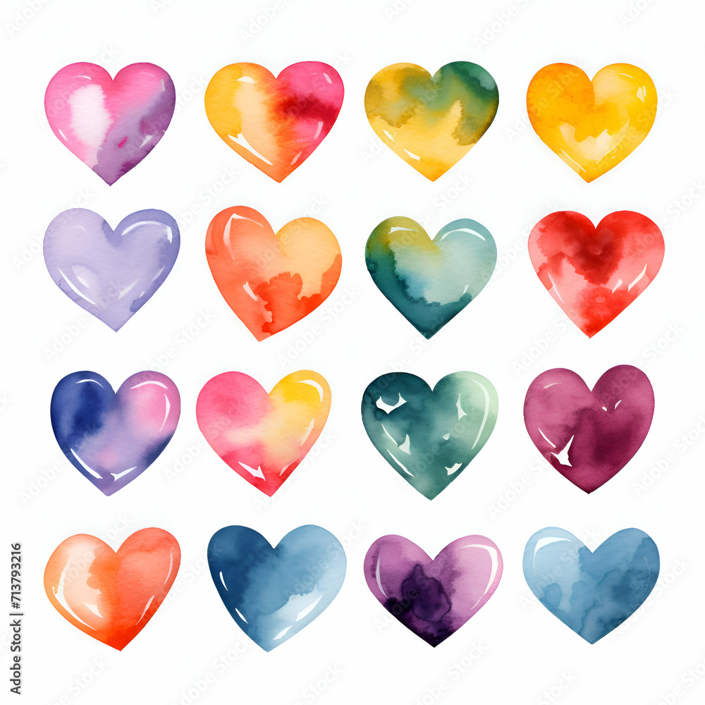 Set of multicolored hearts isolated on white background.  illustration.