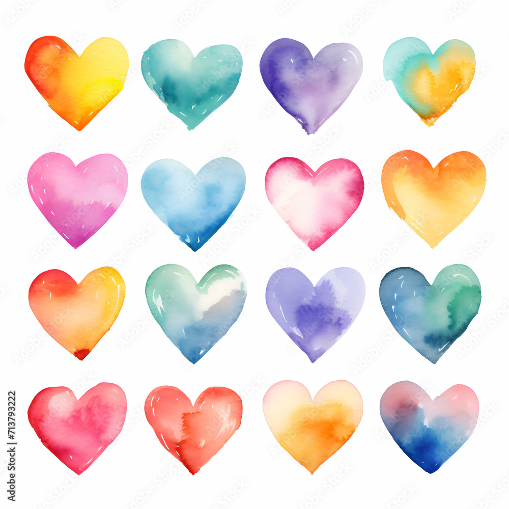 Set of watercolor hearts.  illustration isolated on white background.