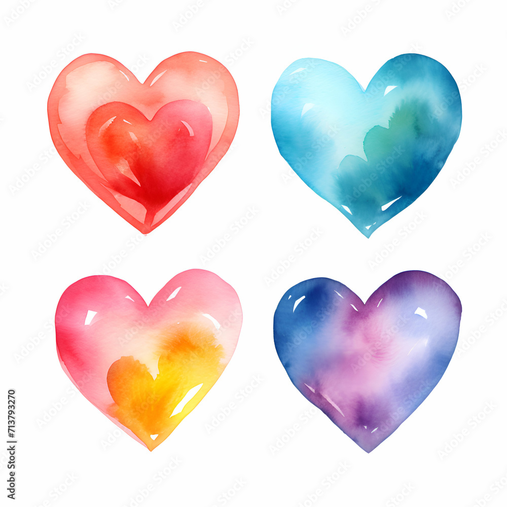 set of watercolor hearts on a white background.  illustration.
