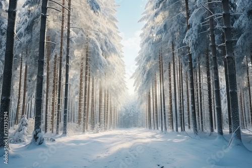 Coniferous forests in Europe covered in white snow © bojel