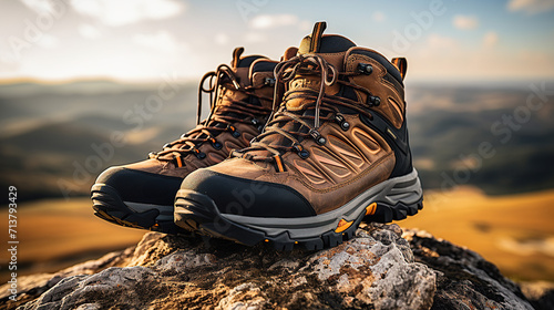 Durable Hiking Boots with Trekking Poles Leaning Against a Rocky Terrain. photo