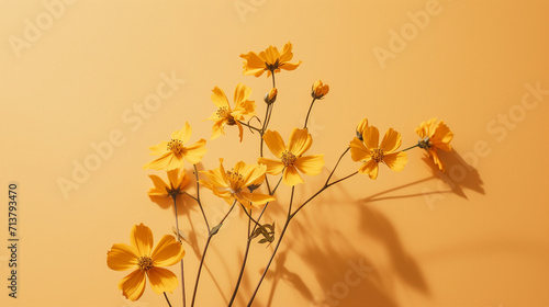 Capturing the Tranquility of Autumn: Aesthetic Floral Flat Lay with Beautiful Withered Cosmos Flowers in Minimal Trend, Top View Composition, Monochrome Background, and Copyspace Isolated for Creative © Pasinee