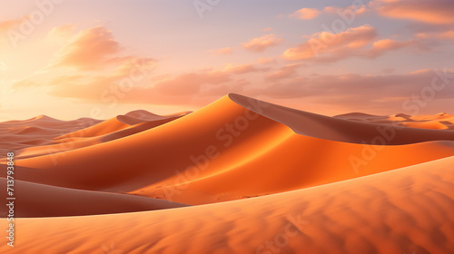 Endless sand dunes, shaped by the whims of the wind, stretch out under a golden sun, creating a mesmerizing desert panorama.
