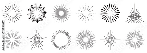 Vintage sunburst collection.Retro Sun burst shapes. Bursting sun rays. Vintage light starburst labels, badges,Fireworks,Logotype or lettering design element. Radial sunset beams.