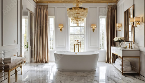 A luxurious bathroom with a freestanding bathtub and gold accents. AI Generativ