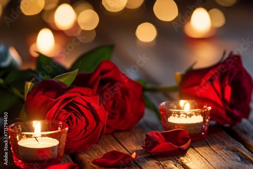 Background for Valentine's Day, social media backdrop for the V-Day celebration, adorned with romantic cards featuring love, red roses, and candles photo