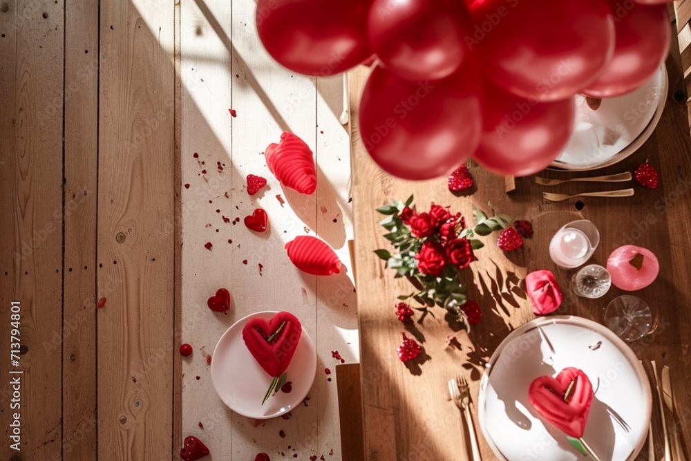 Overhead shot capturing Valentine's Day decorations Overhead shot capturing Valentine's Day decorations