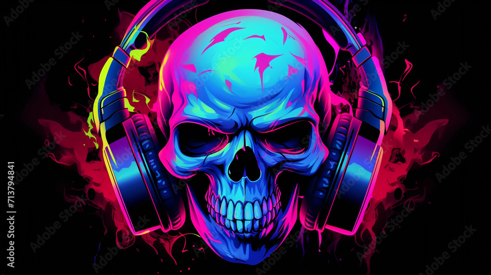 Skull with Headphones with red eyes in headphones listening to music with neon colors. Halloween party flyer 