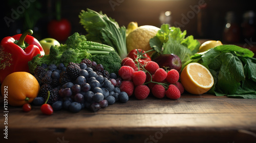 Fresh fruits and vegetables  arranged aesthetically on a wooden table  perfect for food blogs and nutrition websites.