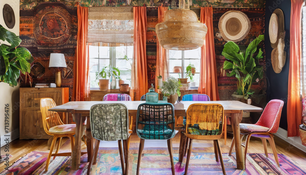A colorful, boho-inspired dining room with mismatched chairs and tapestry wall hangings. AI Generativ A colorful, boho-inspired dining room with mismatched chairs and tapestry wall hangings. AI Generativ