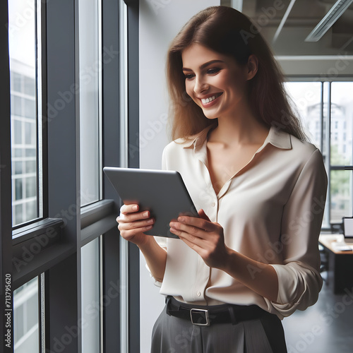 Young happy businesswoman using digital tablet while standing by the window in the office