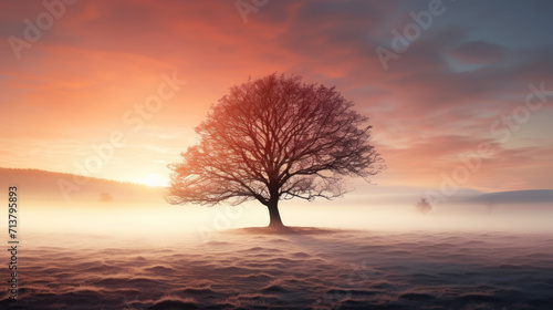 Lone Tree on a Misty Morning Field, Backlit by the Rising Sun.