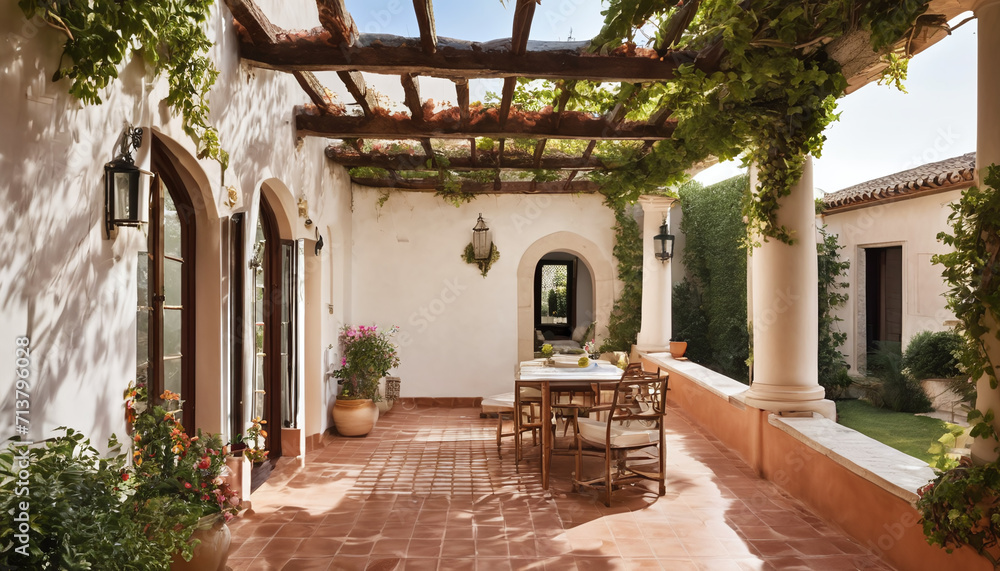 A Mediterranean villa with a terracotta courtyard and vine-covered pergola. AI Generativ