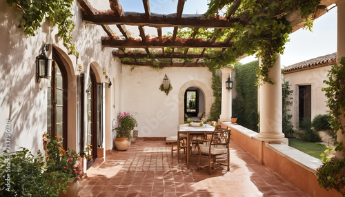 A Mediterranean villa with a terracotta courtyard and vine-covered pergola. AI Generativ