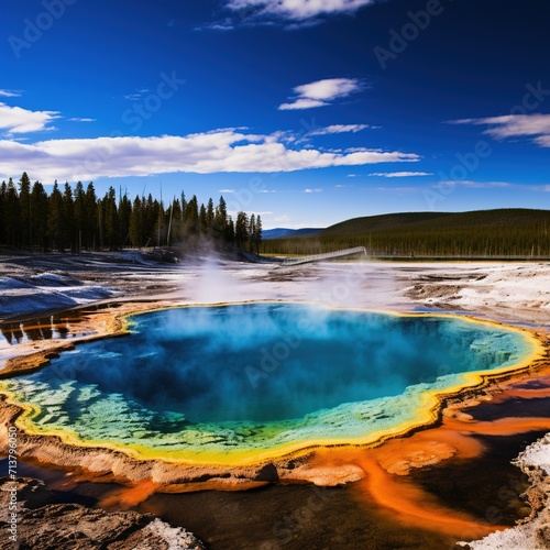 National park spring grand prismatic spring , blue sky trees beautiful day nice surroundings. 