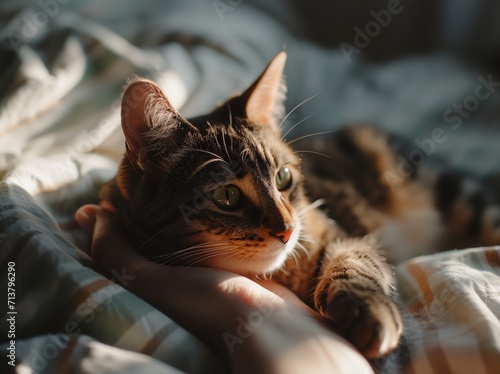 Domestic tabby cat sleeping on human hand