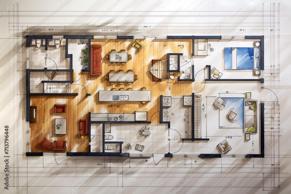 Architecture and design concept. Top view of abstract architecture drawing and planning background illustration. Flat or house visualization and floor plan illustration Architecture and design concept. Top view of abstract architecture drawing and planning background illustration. Flat or house visualization and floor plan illustration