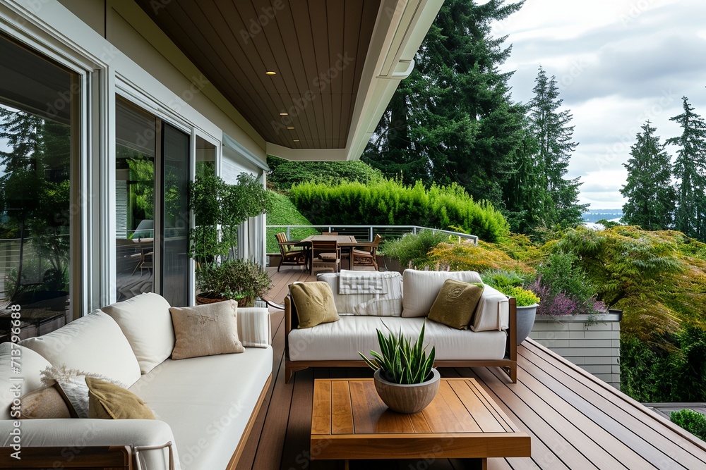 Fototapeta premium Trendy outdoor terrace, cozy patio with furniture