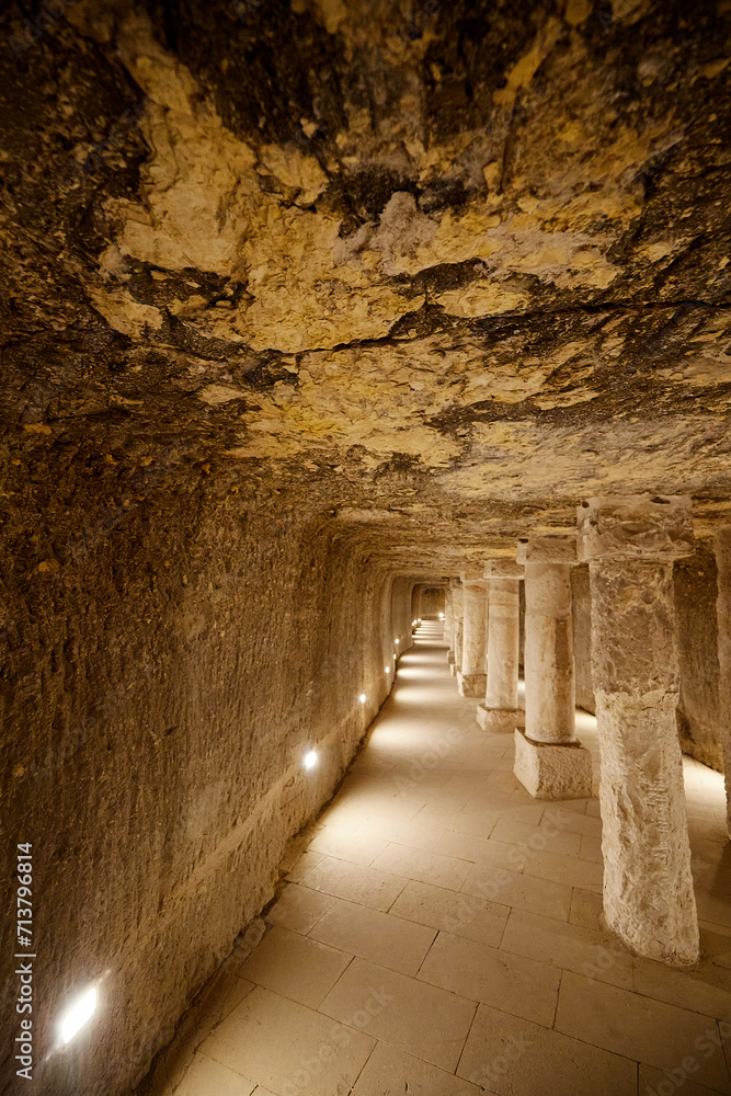 View to the inside of the step pyramid of king Djoser from 3rd Dynasty with white columns in the middle. Saqqara, Egypt