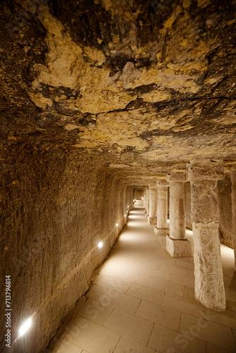 View to the inside of the step pyramid of king Djoser from 3rd Dynasty with white columns in the middle. Saqqara, Egypt