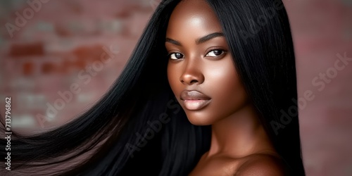 Black young pretty woman with a long shiny hair photo