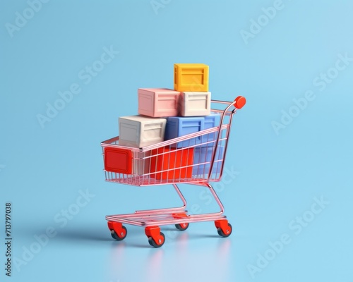 A shopping cart with boxes on a blue background. Generative AI.