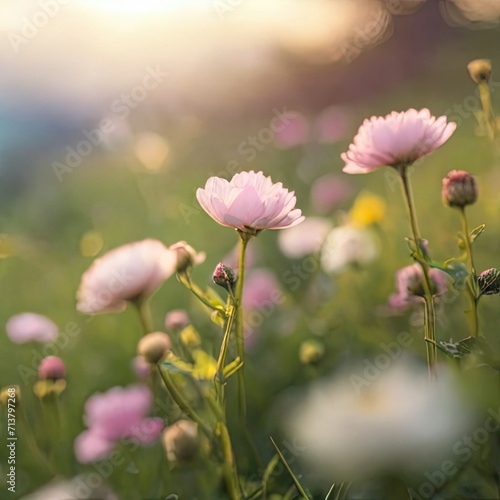 Tranquil nature, blossoming flowers, meadow scene, soft sunlight, DSLR photography, prime lens, early morning, romantic style, dreamy atmosphere, floral beauty, natural harmony, impressionist photogra