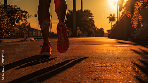 Jogger's Shadow Stretching Long on a Sidewalk at Sunset.