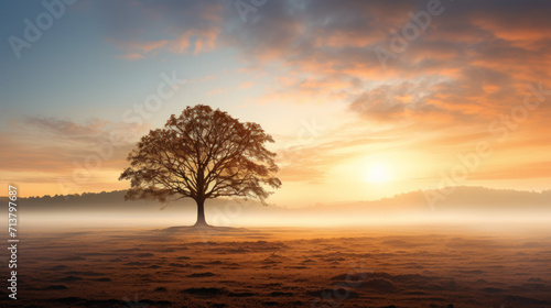 Lone Tree on a Misty Morning Field  Backlit by the Rising Sun.