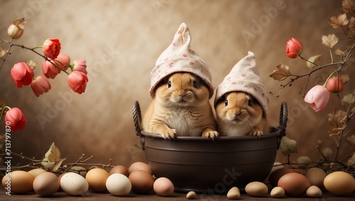 Two Easter bunny with colorful eggs in a wicker basket. Rustic style, sepia. Easter holiday concept. Illustration for design, holiday card, banner, advertisement with copy space for text