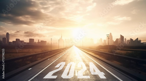 New year 2024  asphalt road heading to city with light  ,hope, new life change. © Spaces