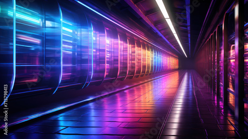 Modern Train Tunnel Illuminated with Neon Lights in an Urban Subway.